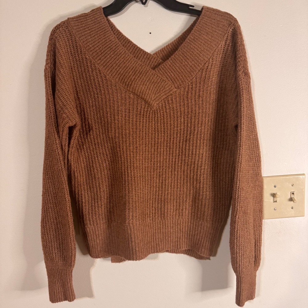 Pink Rose Women's‎ Brown V Neck Ribbed Knit Sweater Small Long Sleeve Casual Top